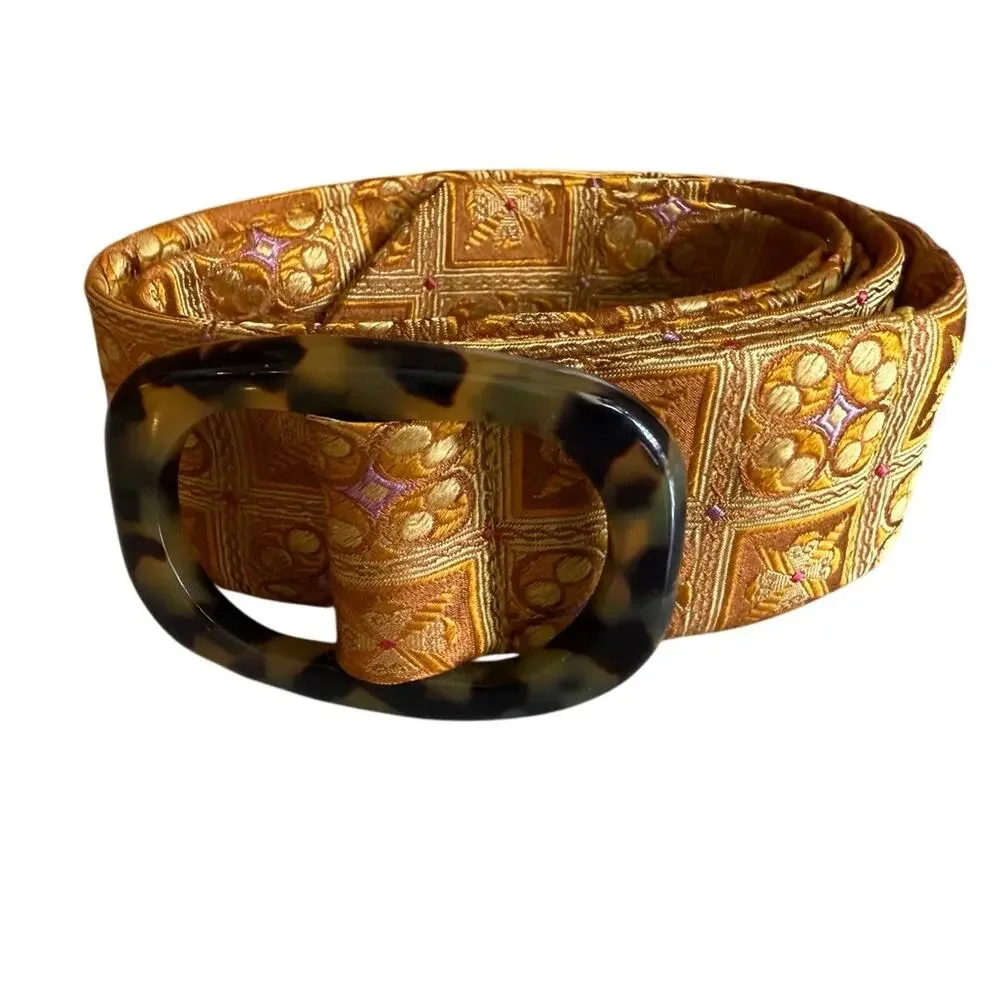 J Crew Silk Jacquard Belt Golden Mustard Brown Print